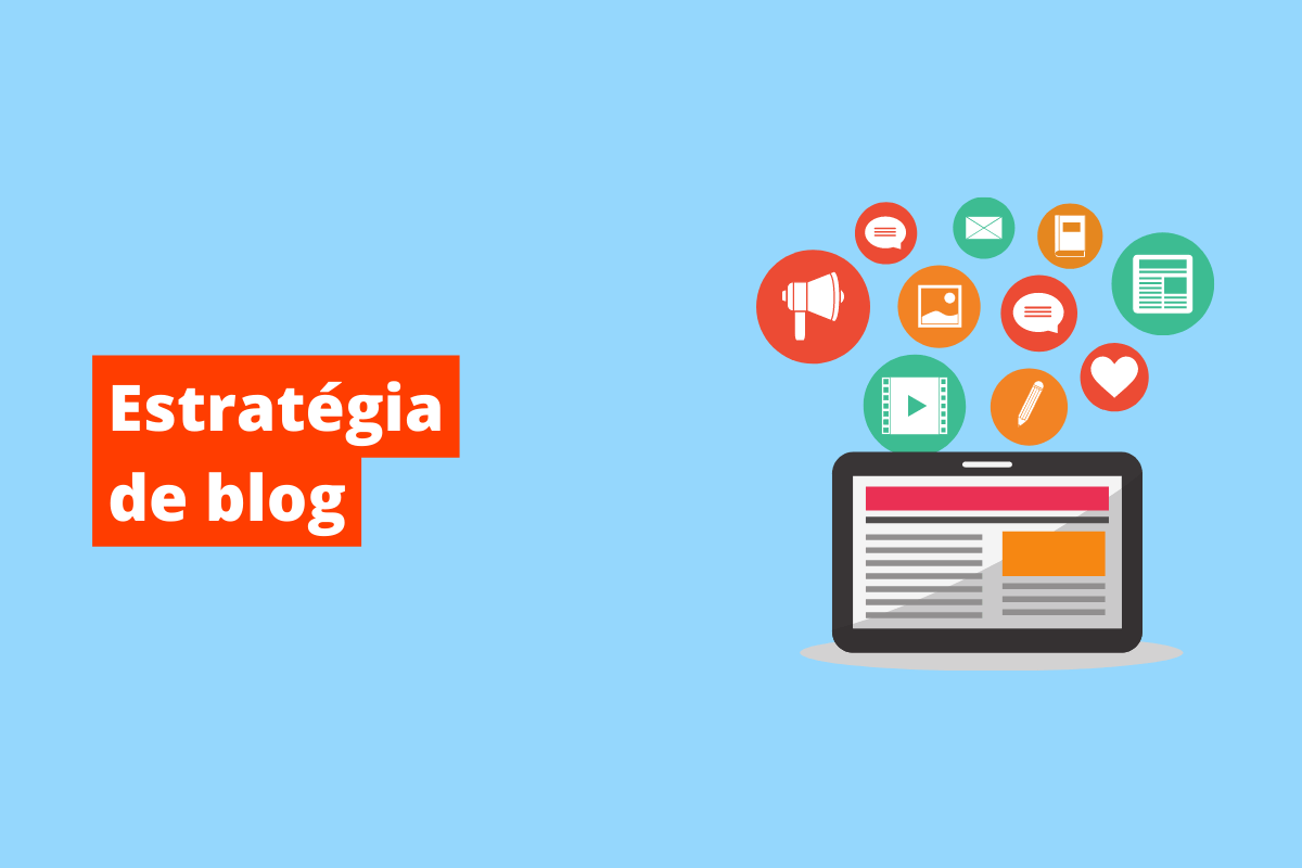 tela de dispositivo, de onde saem vários ícones representando blogs. O fundo da imagem é azul e tem-se escrito estratégia de blog