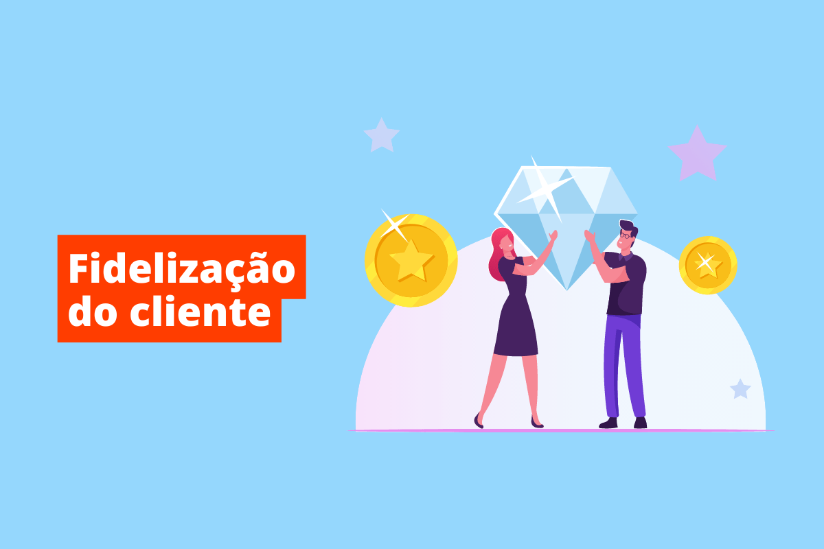 pessoas segurando um diamante gigante. O fundo da imagem é azul e tem-se escrito fidelização do cliente