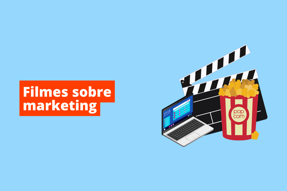 claquete, pipoca e um notebook juntos. O fundo da imagem é azul e tem-se escrito filmes sobre marketing