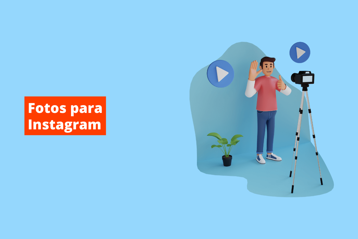 pessoa usando uma câmera para tirar fotos. O fundo da imagem é azul e tem-se escrito fotos para instagram