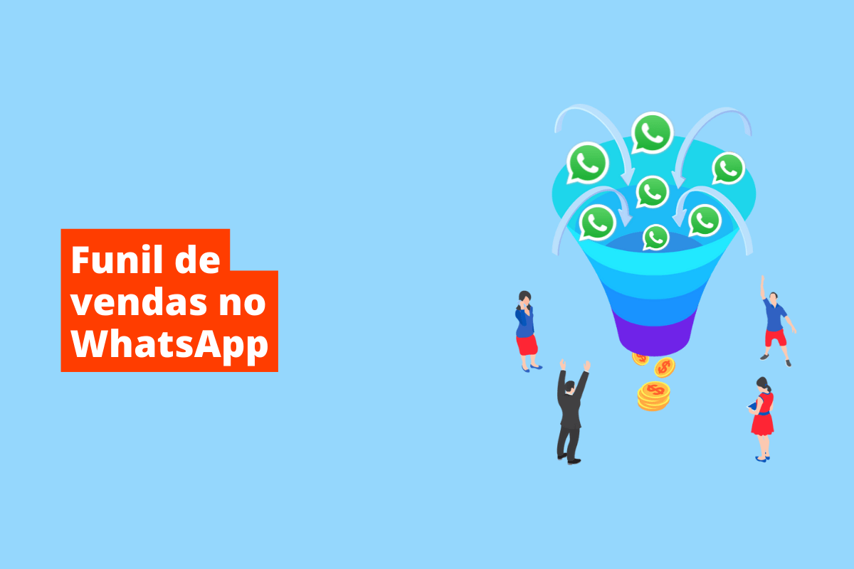 imagem de um funil, com vários símbolos do whatsapp dentro dele. O fundo da imagem é azul e tem-se escrito funil de vendas no whatsapp