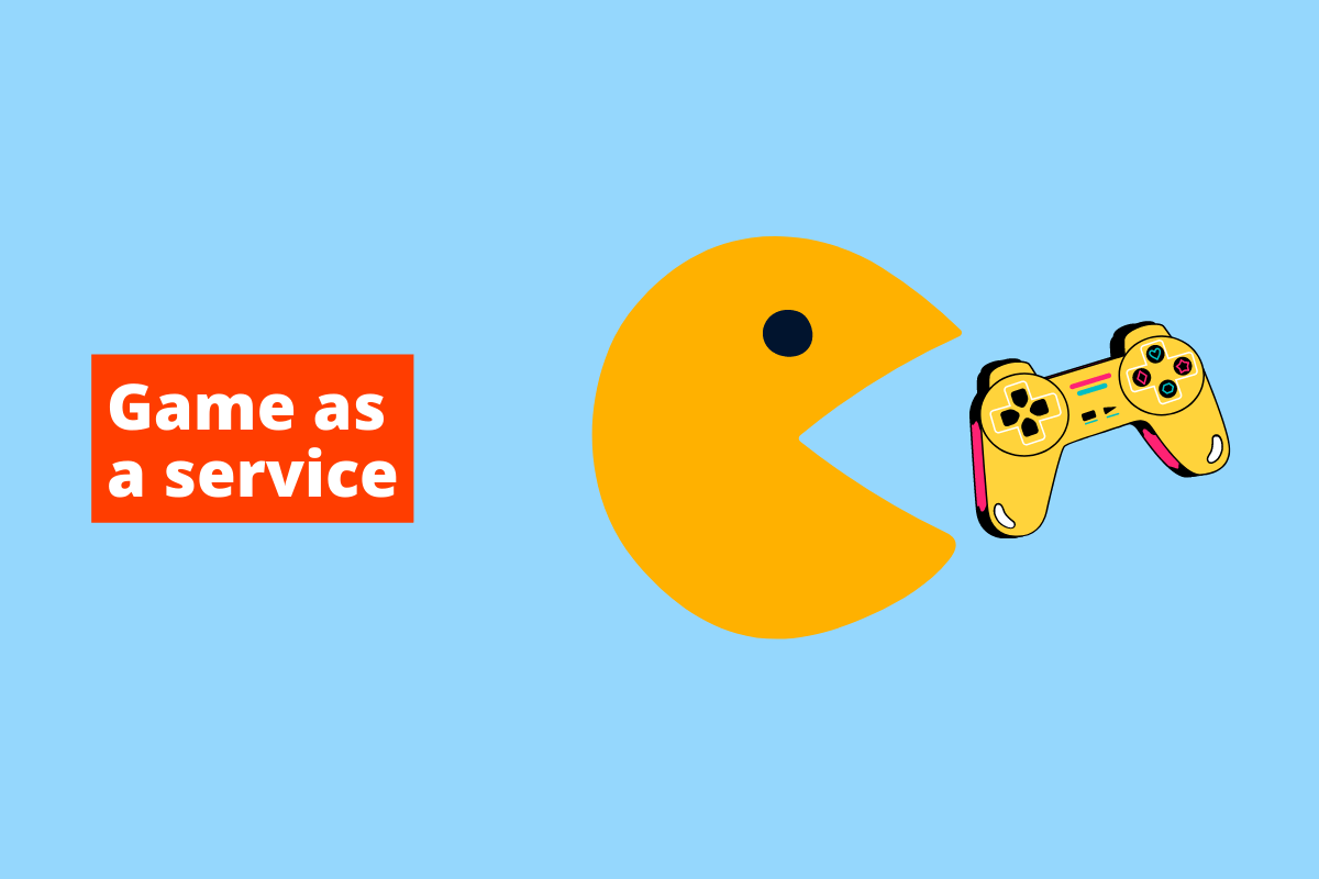 pacman engolindo um joystick. O fundo da imagem é azul e tem-se escrito game as a service