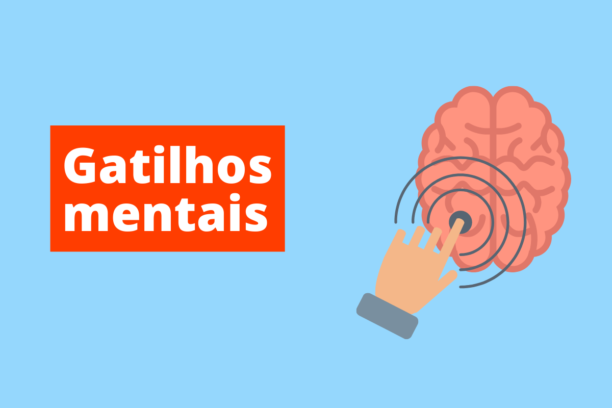 cérebro com dedo apontando para ele. O fundo da imagem é azul e tem-se escrito gatilhos mentais