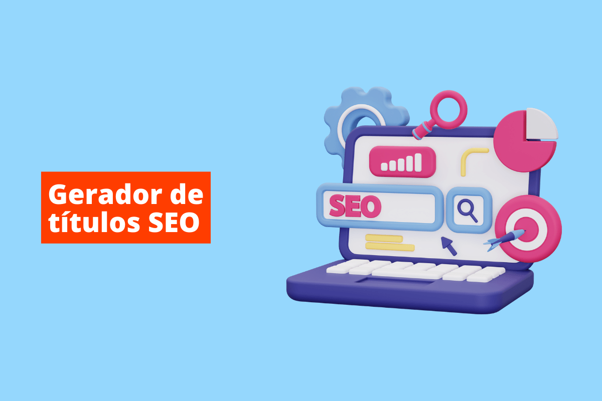 computador com vários ícones que remetem ao SEO. O fundo da imagem é azul e tem-se escrito gerador de títulos seo