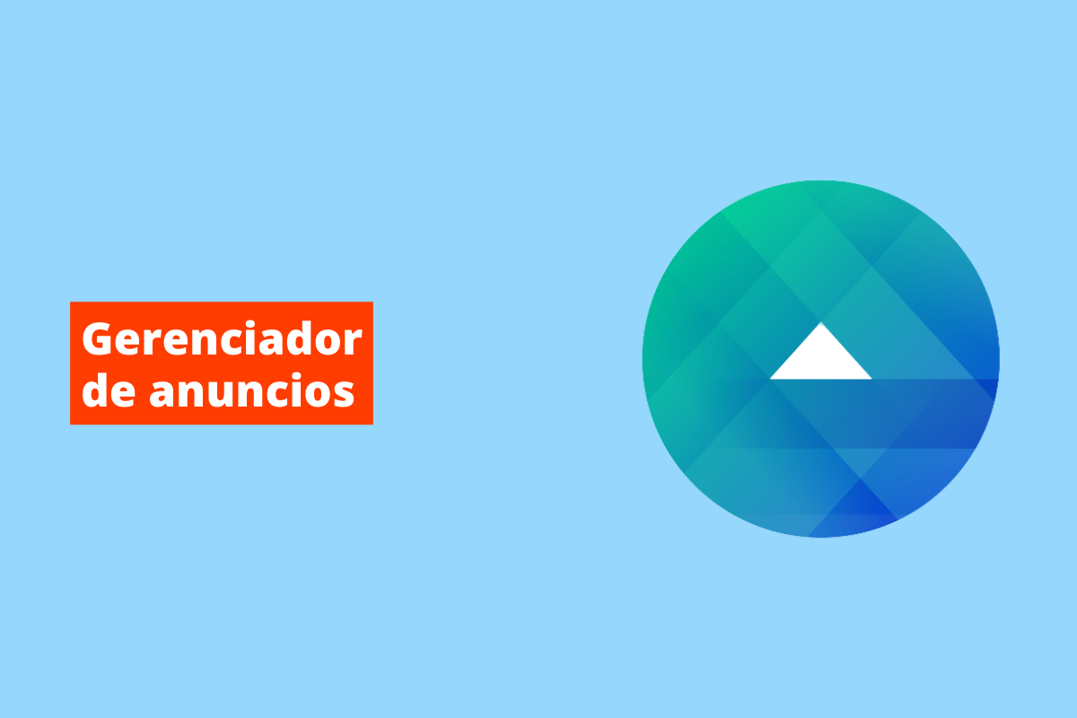 círculo azul com um triângulo branco no meio. O fundo da imagem é azul e tem-se escrito gerenciador de anúncios