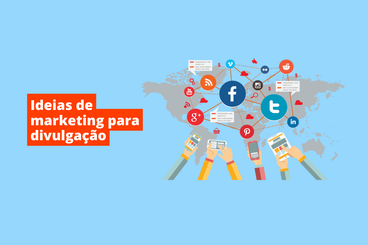 vários símbolos representando o mundo dogital, interligados. O fundo da imagem é azul e tem-se escrito ideias de marketing para divulgação