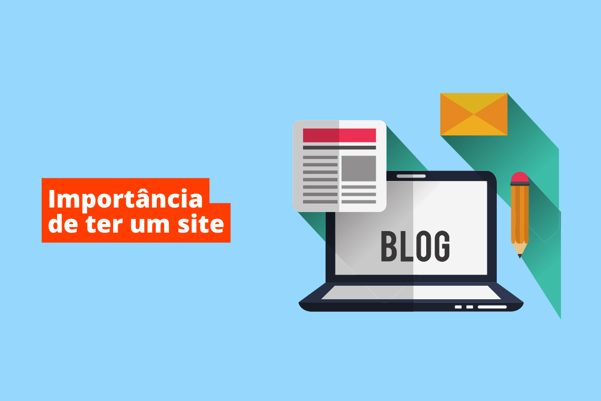 laptop, do lado de um relatório e um lápis. O fundo da imagem é azul e tem-se escrito importância de ter um site