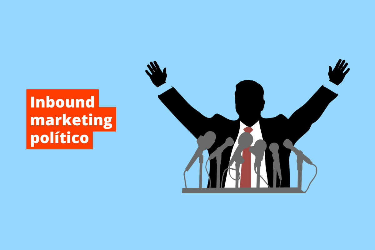 homem falando para vários microfones. O fundo da imagem é azul e tem-se escrito inbound marketing político