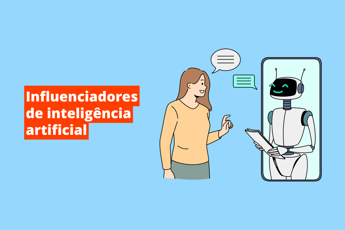 pessoa e robô interagindo. O fundo da imagem é azul e tem-se escrito influenciadores de inteligência artificial