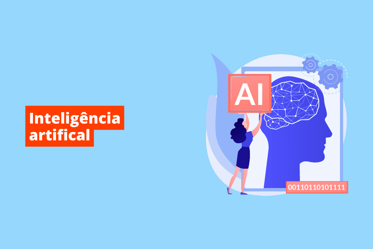 pessoa apontando para um cérebro humano. O fundo da imagem é azul e tem-se escrito inteligência artificial