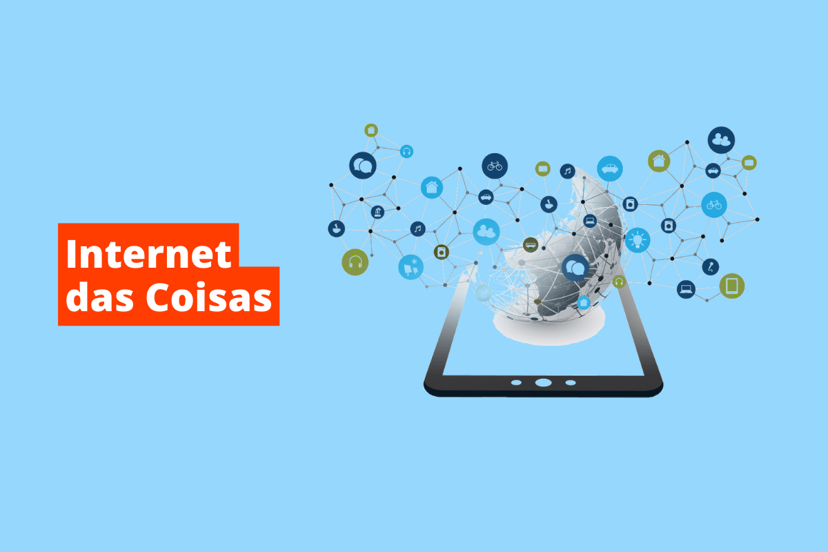 vários ícones saindo da tela de um tablet e ligando-se uns com os outros. O fundo da imagem é azul e tem-se escrito internet das coisas