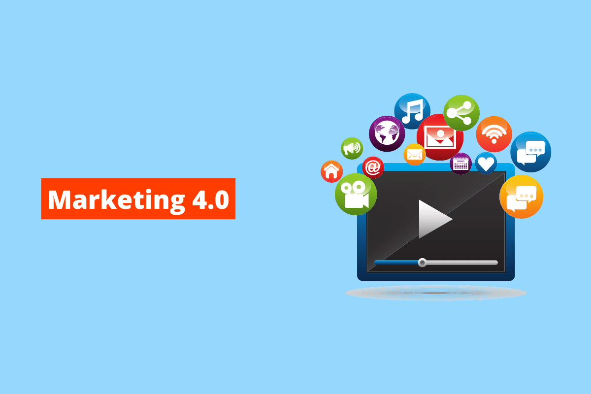 símbolo do play, rodeado de ícones que representam o meio digital. O fundo da imagem é azul e tem-se escrito marketing 4.0