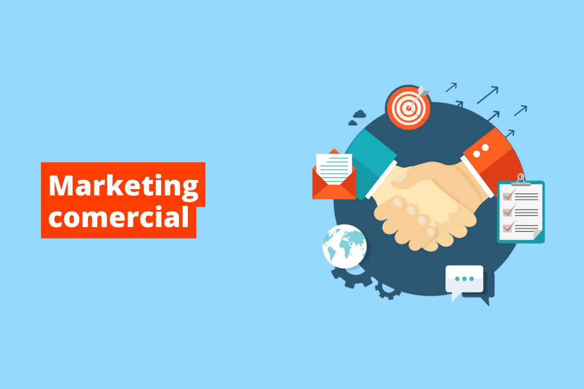 pessoas dando as mãos. O fundo da imagem é azul e tem-se escrito marketing comercial