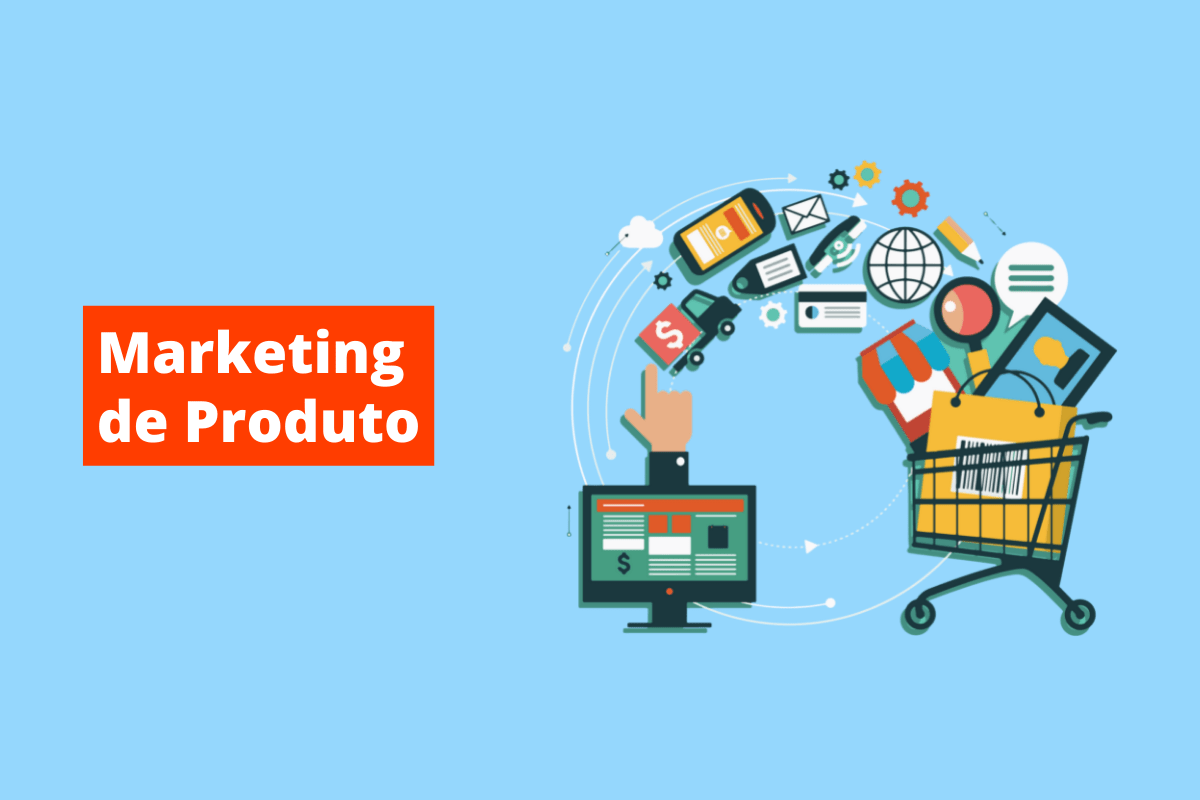 monitor e carrinho de compras sendo interligados por uma rede de ícones que representam o mundo digital. O fundo da imagem é azul e tem-se escrito marketing de produto
