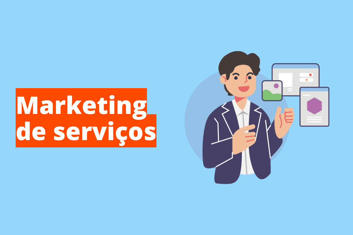 homem do lado de várias telas de dispositivos diferentes. O fundo da imagem é azul e tem-se escrito marketing de serviços