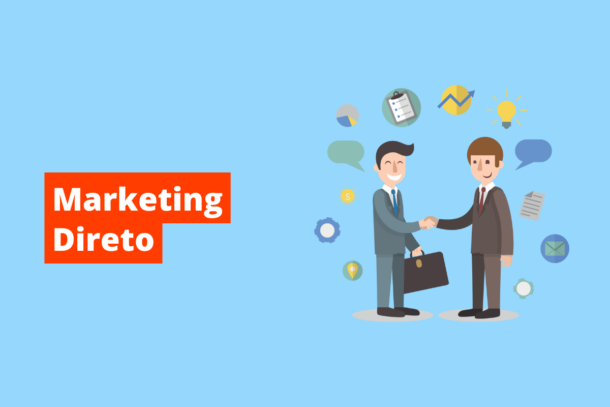 dois homens se cumprimentando. O fundo da imagem é azul e tem-se escrito marketing direto