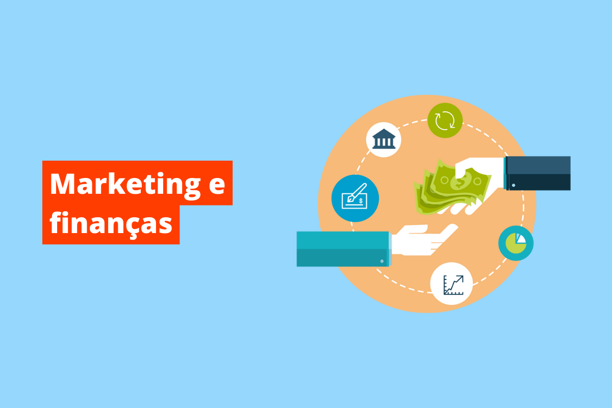 uma mão dando dinheiro para outra. O fundo da imagem é azul e tem-se escrito marketing e finanças