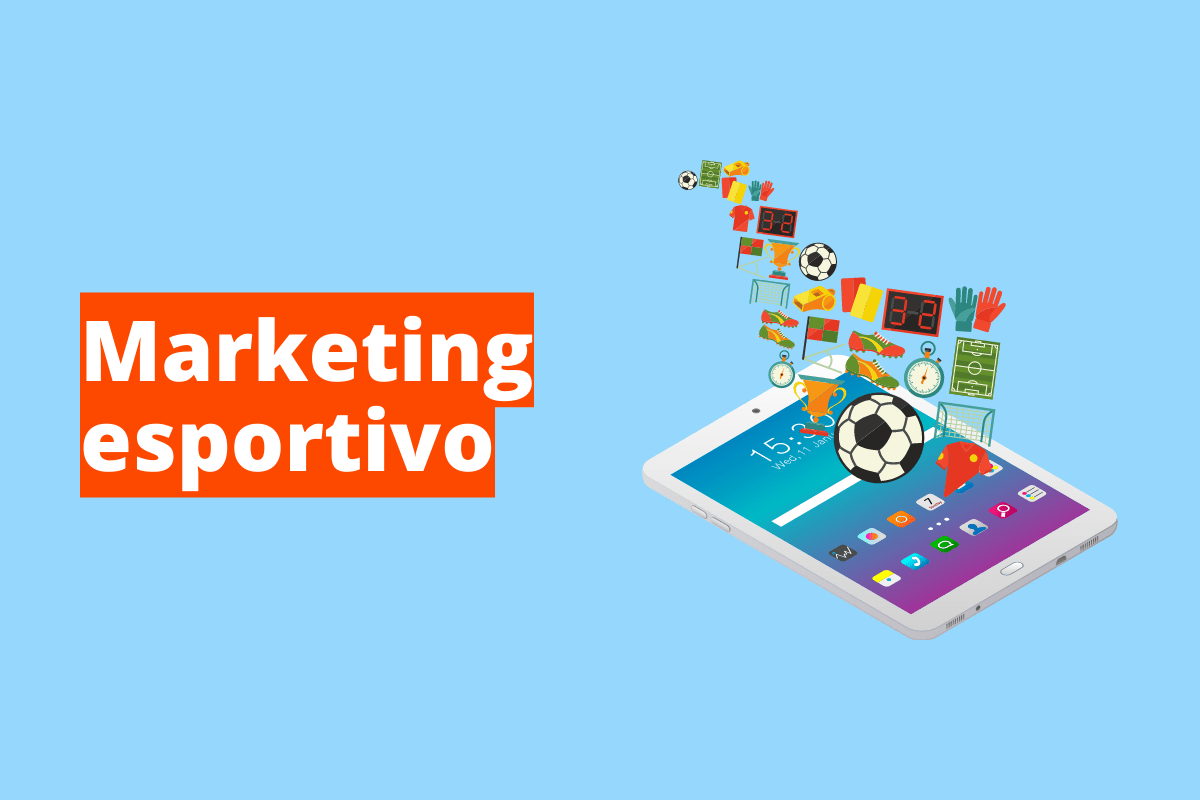 tablet com vários ícones esportivos saindo da tela. O fundo da imagem é azul e tem-se escrito marketing esportivo