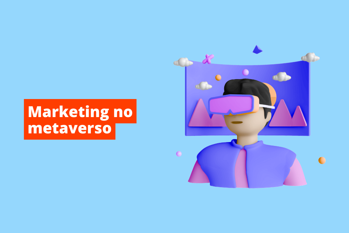 pessoa usando um óculos de realidade virtual. O fundo da imagem é azul e tem-se escrito marketing no metaverso