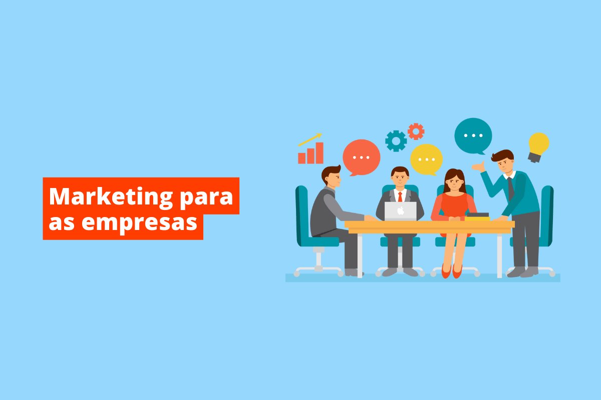 pessoas em uma mesa de reunião de trabalho; O fundo da imagem é azul e tem-se escrito marketing para as empresas