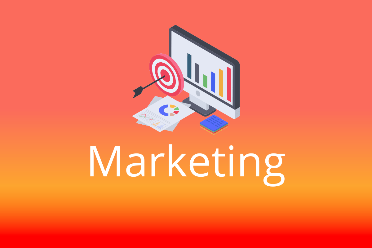 computador do lado de um alvo. O fundo da imagem é laranja e tem-se escrito marketing