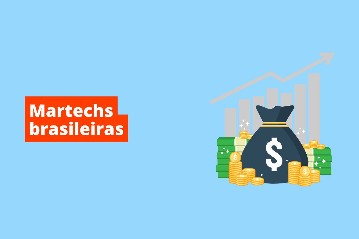 sacola de dinheiro, na frente de um gráfico. O fundo da imagem é azul e tem-se escrito martechs brasileiras