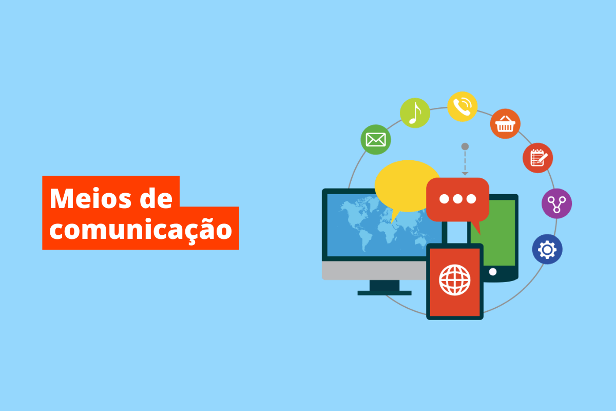 celular, tablet e monitor, interligados. O fundo da imagem é azul e tem-se escrito meios de comunicação