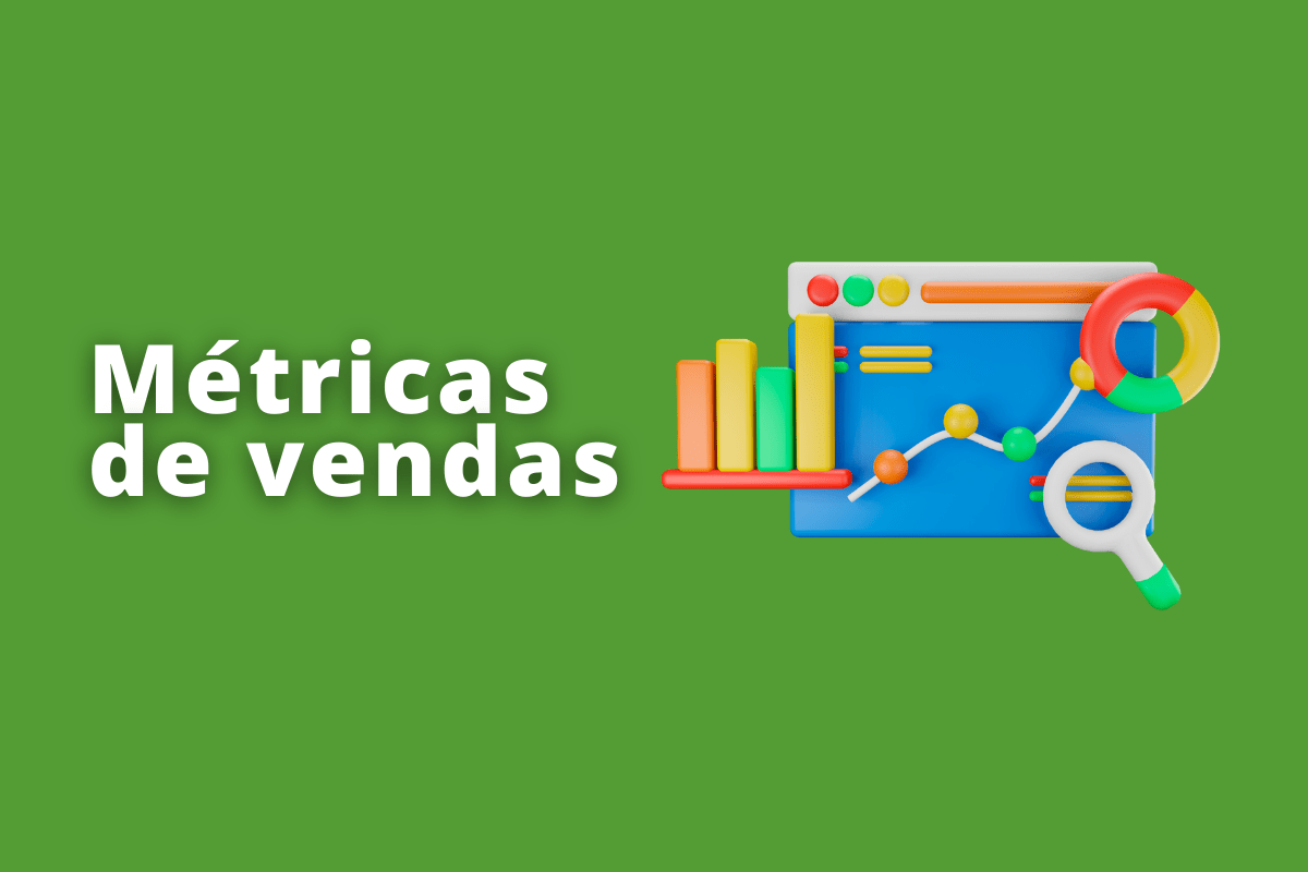 tela de dispositivo mostrando vários gráficos. O fundo da imagem é verde e tem-se escrito métricas de vendas