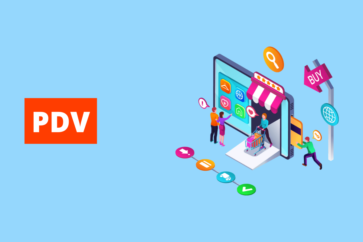 loja física com pessoas olhando as vitrines. O fundo da imagem é azul e tem-se escrito pdv