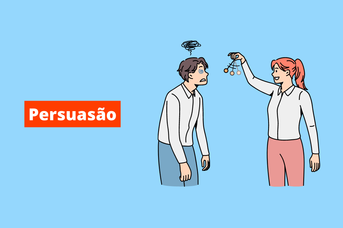 pessoa hipnotizando a outra. O fundo da imagem é azul e tem-se persuasão