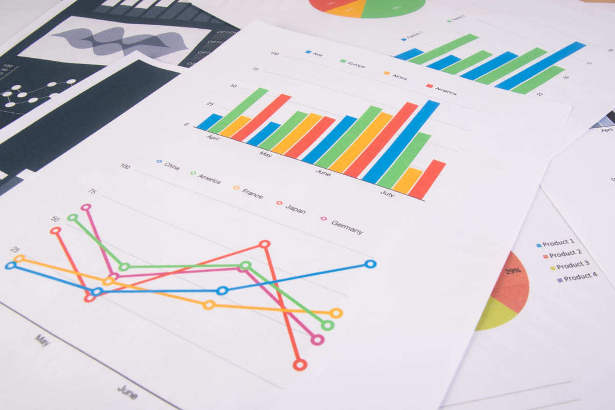 gráficos: pesquisa de mercado vários gráficos espalhados em cima da mesa