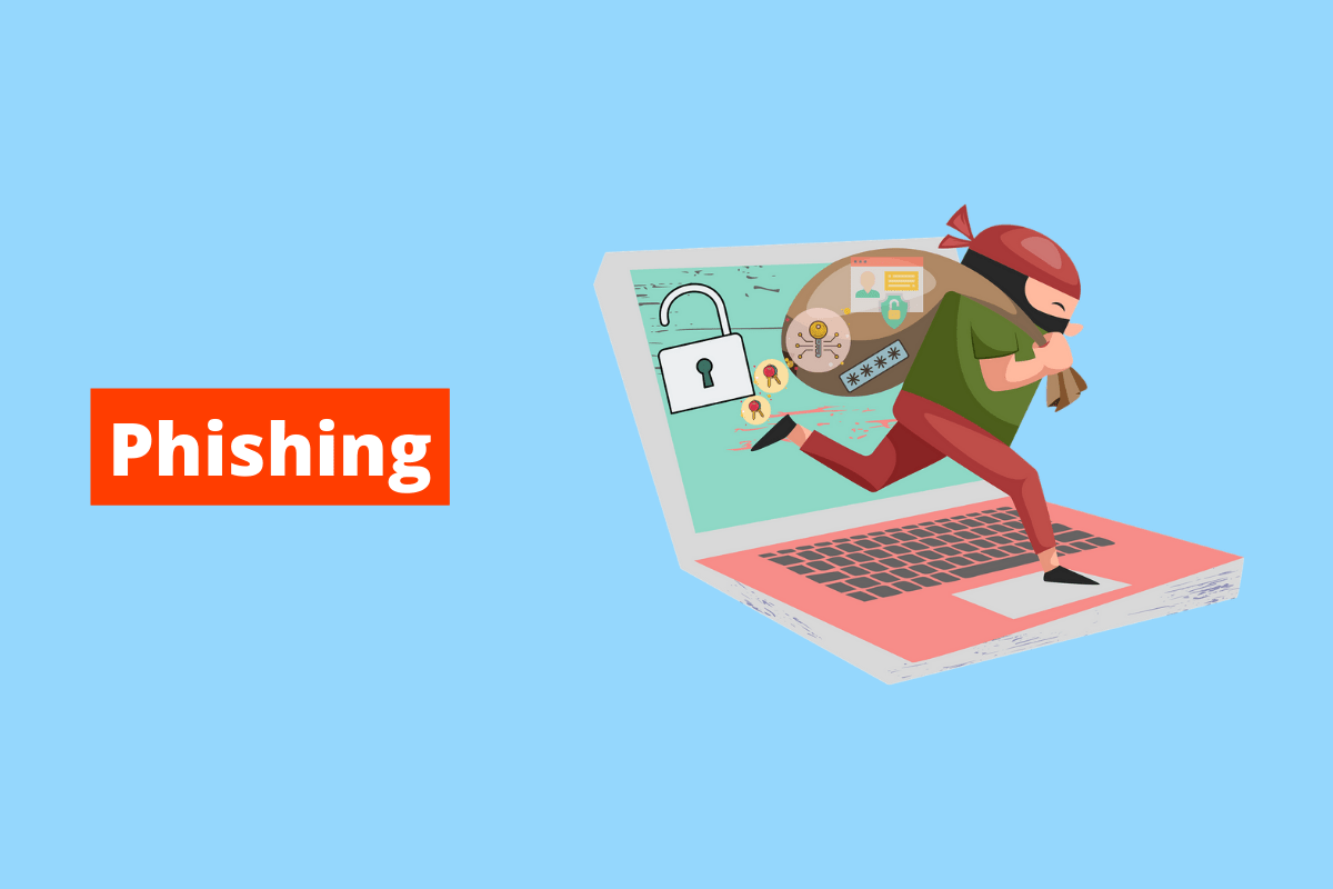 ladrão pisando em um notebook. O fundo da imagem é azul e tem-se escrito phishing