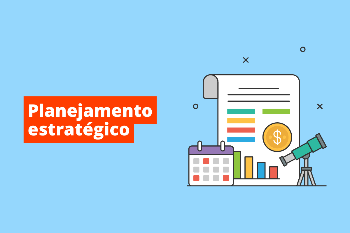 imagem de um telescópio com gráficos e um calendário. O fundo da imagem é azul e tem-se escrito planejamento estratégico