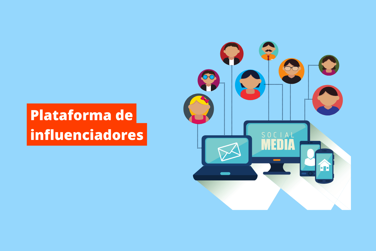 vários dispositivos conectando diversos avatares. O fundo da imagem é azul e tem-se escrito plataforma de influenciadores
