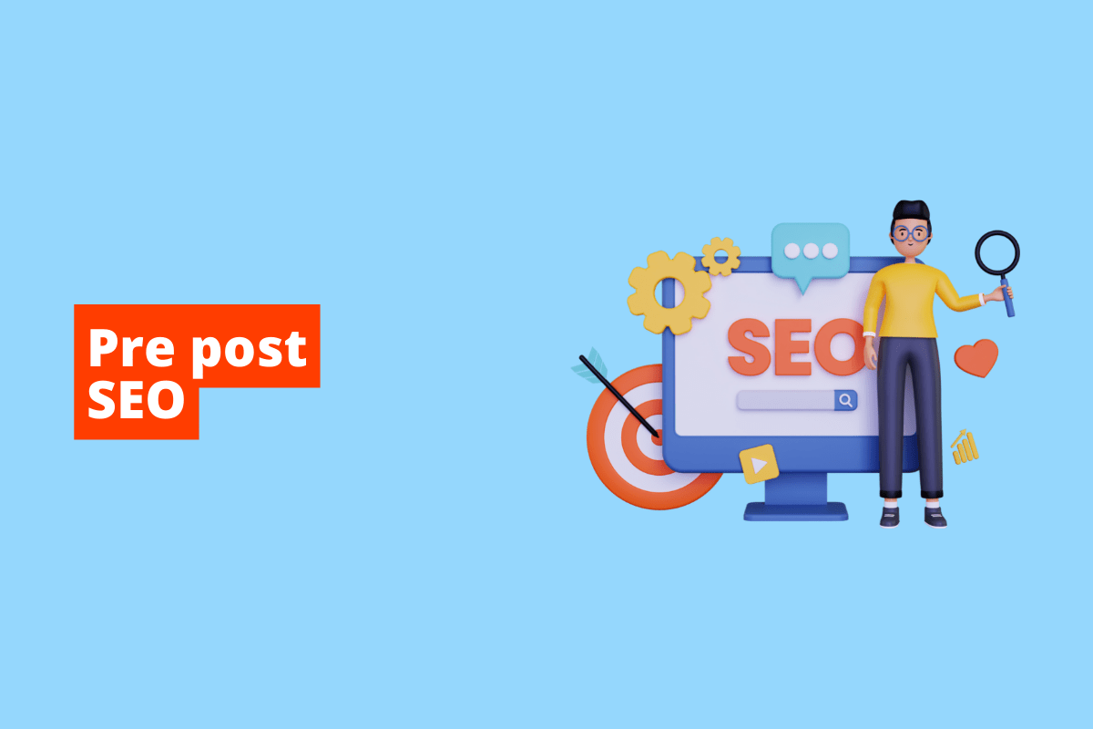 homem do lado de um monitor, um alvo e diversos outros símbolos de remetem a SEO. O fundo da imagem é azul e tem-se escrito pre post SEO