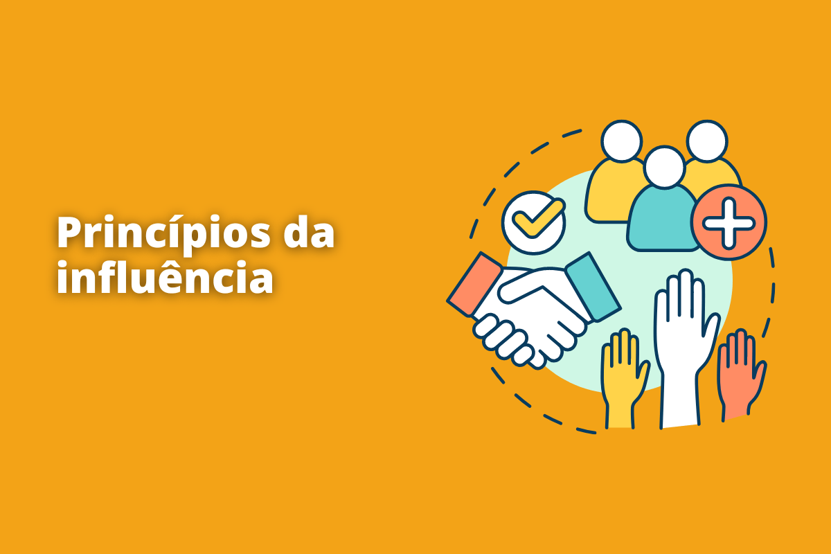 Jorge Moreno - Empreendedor Digital várias mãos e símbolos que representam a influência. O fundo da imagem é laranja e tem-se escrito princípios da influência