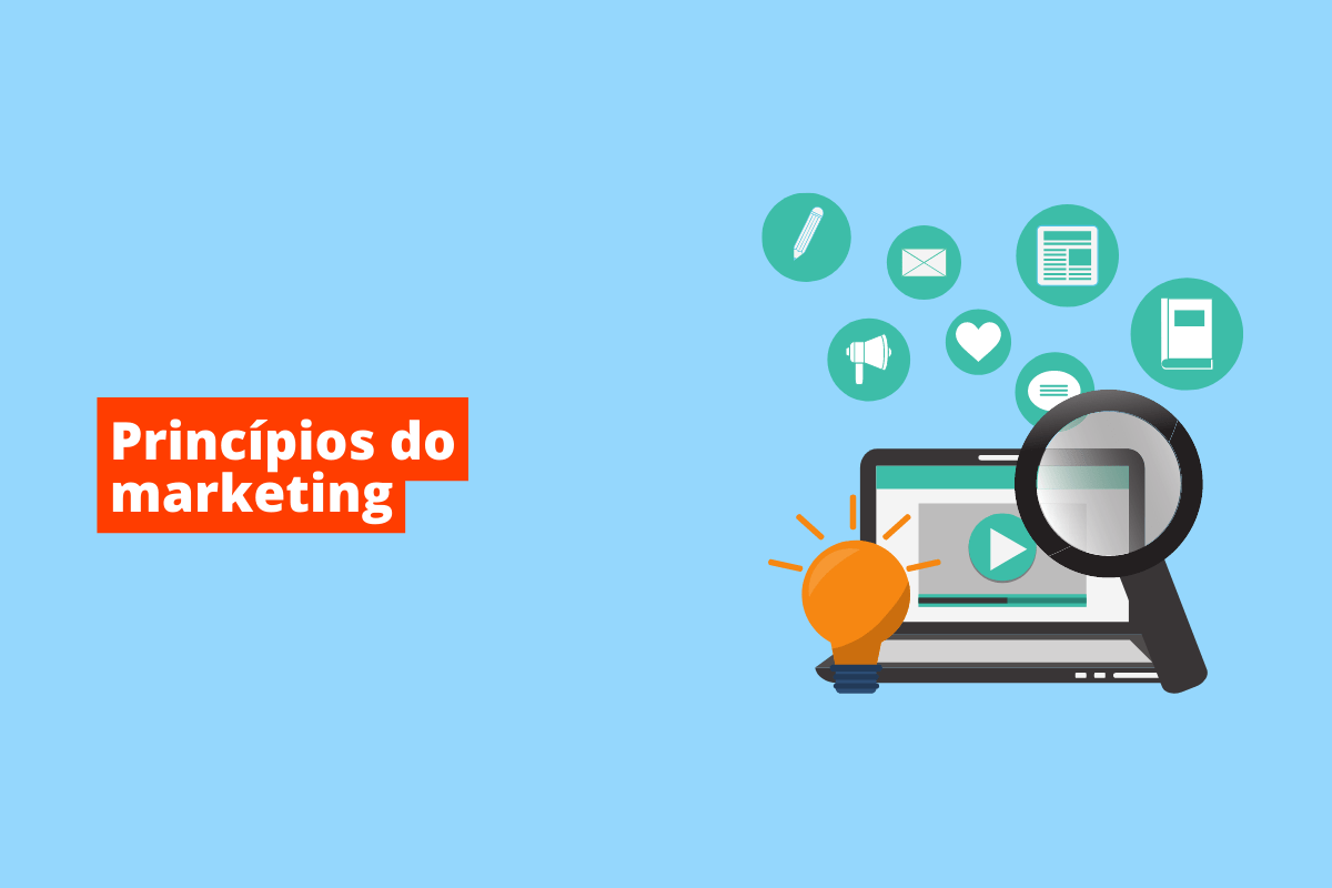 notebook do lado de uma lupa e uma lâmpada. O fundo da imagem é azul e tem-se escrito princípios do marketing