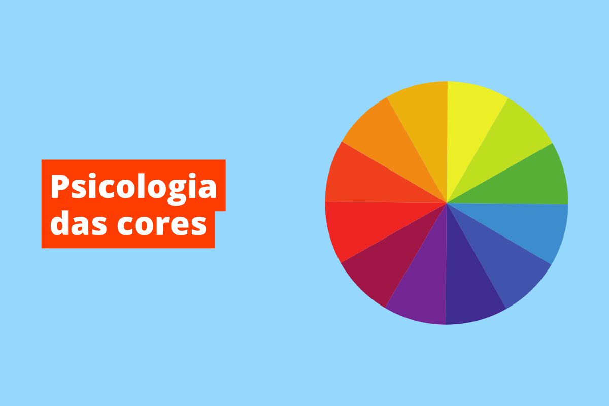 círculo colorido. O fundo da imagem é azul e tem-se escrito psicologia das cores
