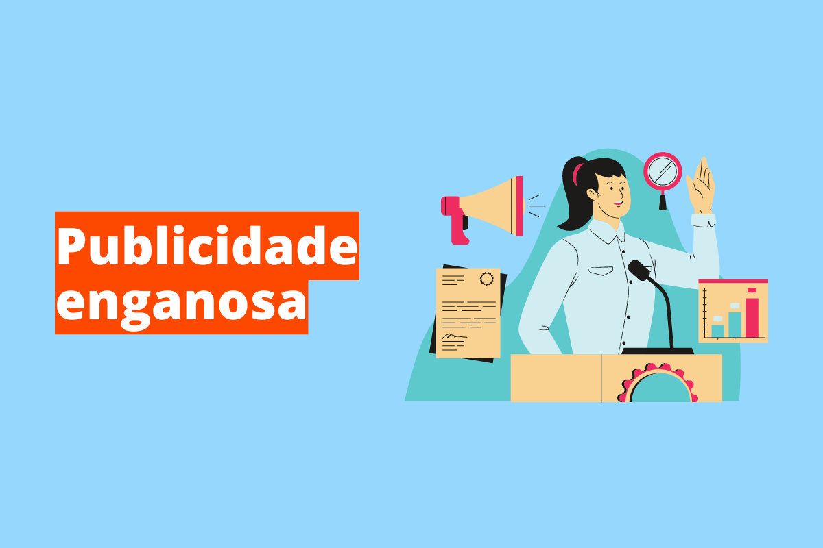 mulher trabalhando ao redor de vários símbolos que representam a publicidade. O fundo da imagem é azul e tem-se escrito publicidade enganosa