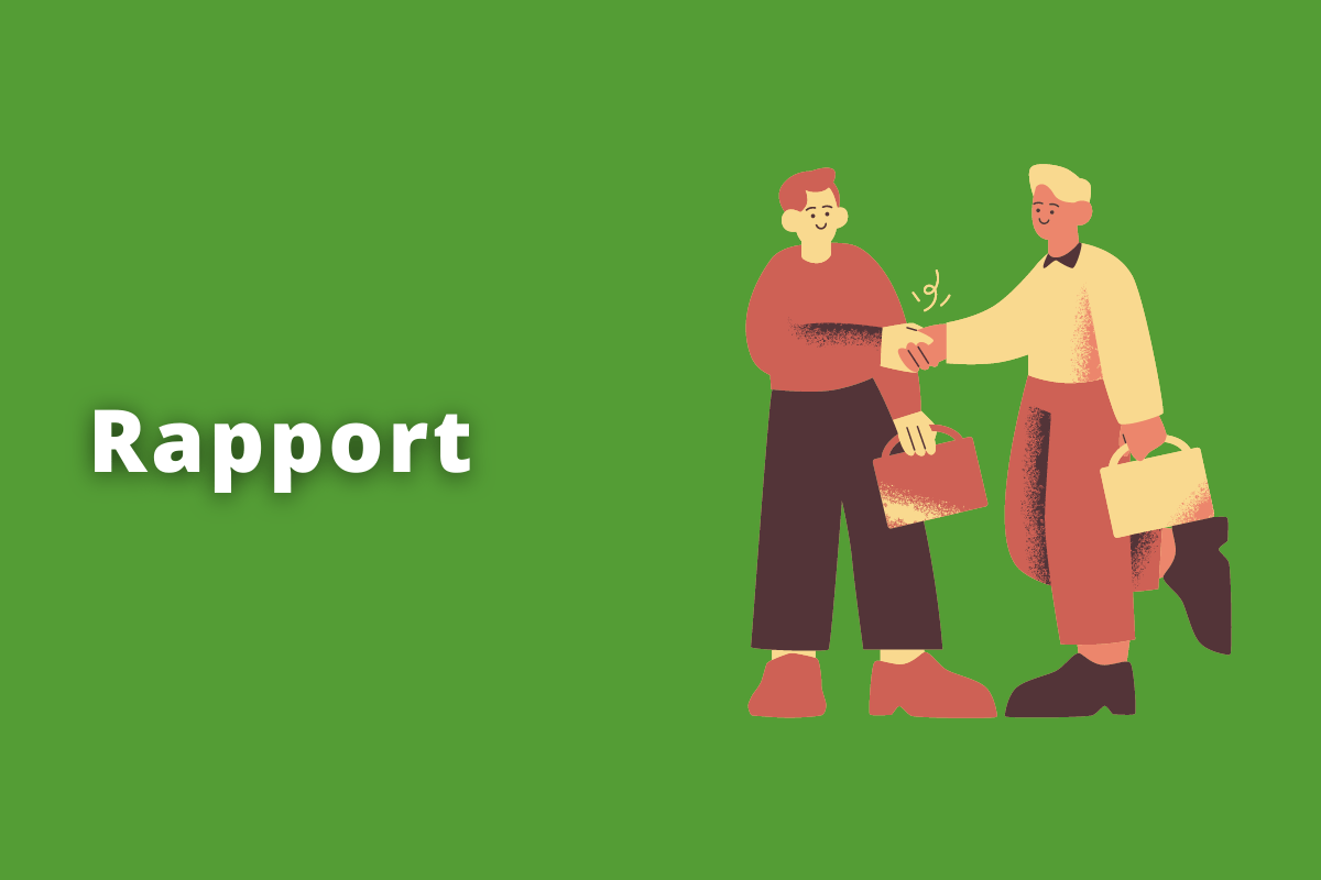 pessoas com sacolas de compras se cumprimentando. O fundo da imagem é verde e tem-se escrito rapport