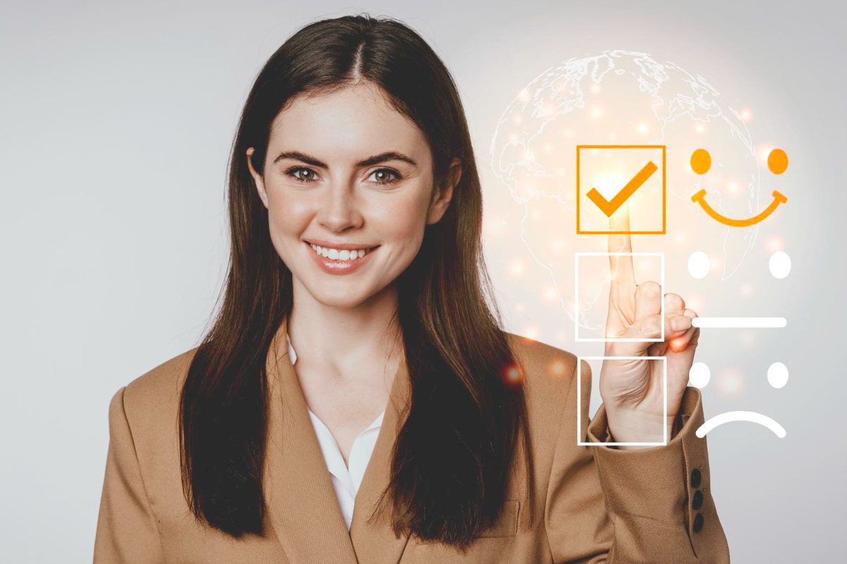 pesquisa de satisfação: remarketing no instagram mulher sorrindo apontando o dedo para um checklist