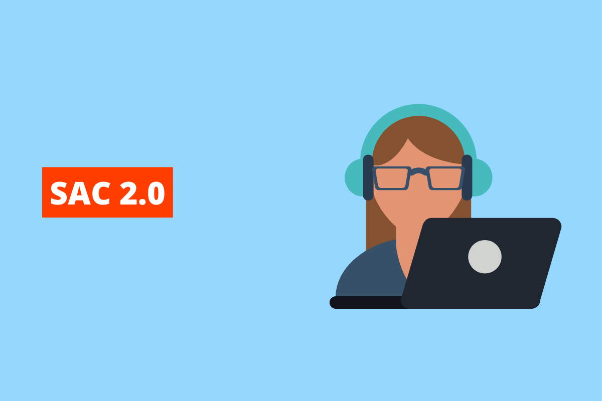 mulher com fone de ouvido, usando o laptop. O fundo da imagem é azul e tem-se escrito sac 2.0
