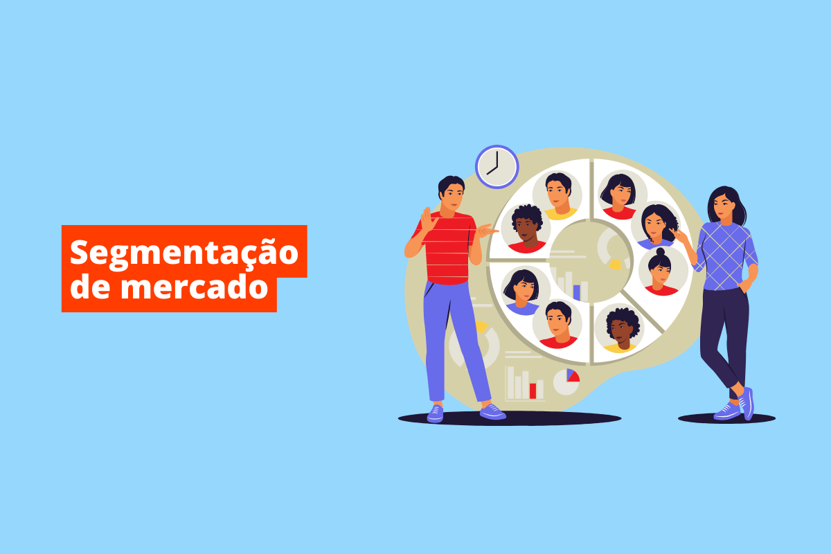 duas pessoas do lado de uma roleta com vários ícones. O fundo da imagem é azul e tem-se escrito segmentação de mercado