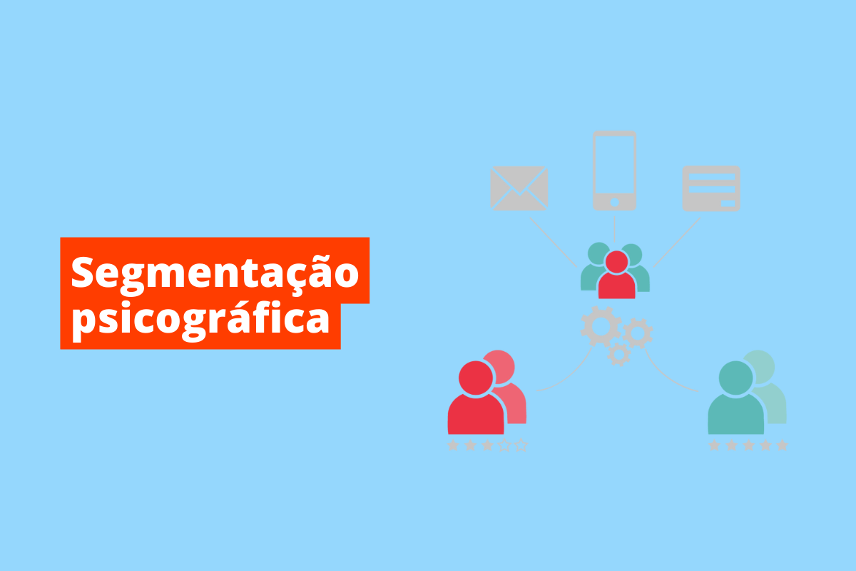 vários bonecos sendo interligados. O fundo da imagem é azul e tem-se escrito segmentação psicográfica