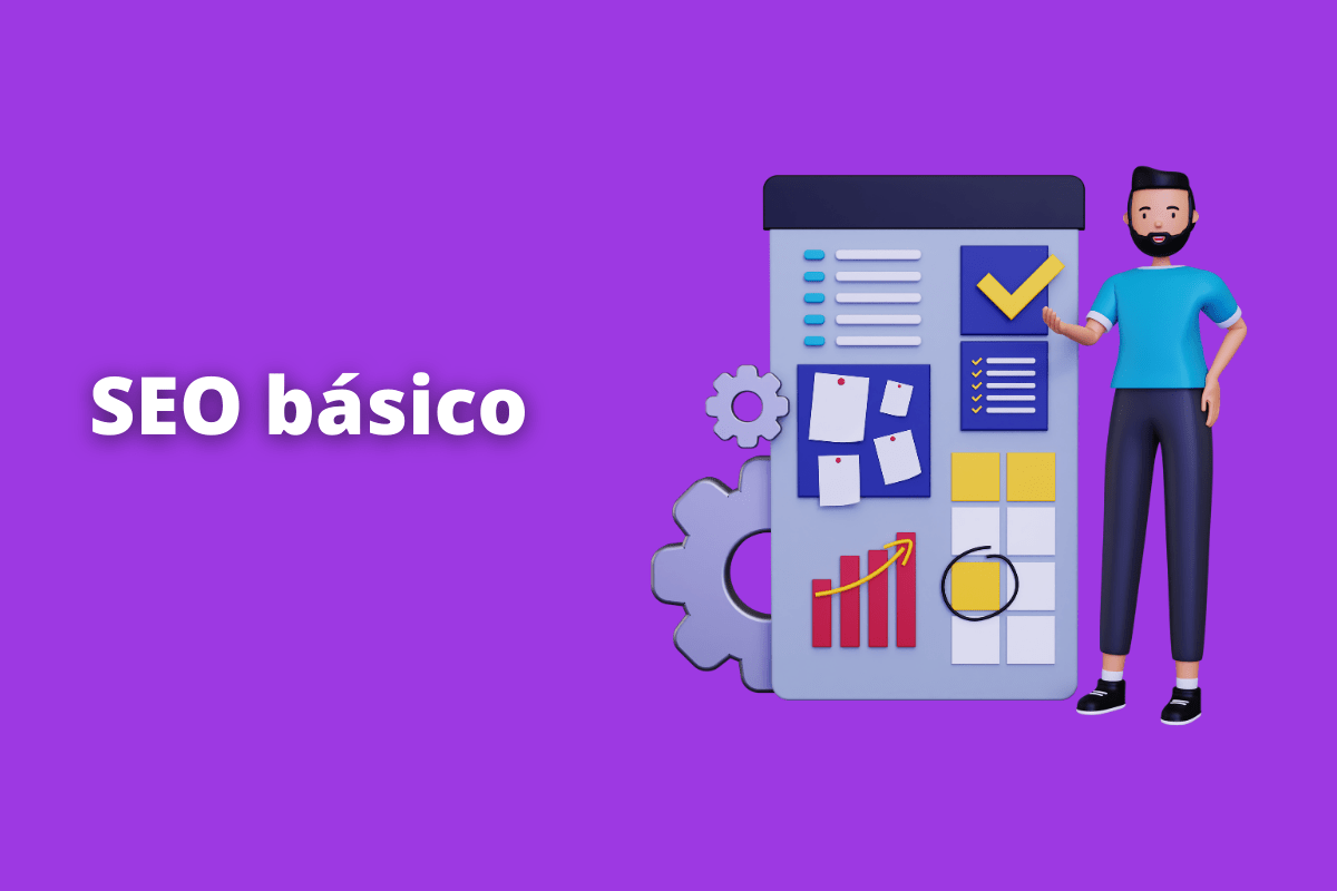 tela com vários gráfico e do seu lado, um homem. O fundo da imagem é roxo e tem-se escrito seo básico
