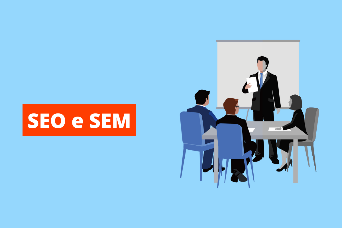 pessoas em uma mesa de reunião. O fundo da imagem é azul e tem-se escrito seo e sem