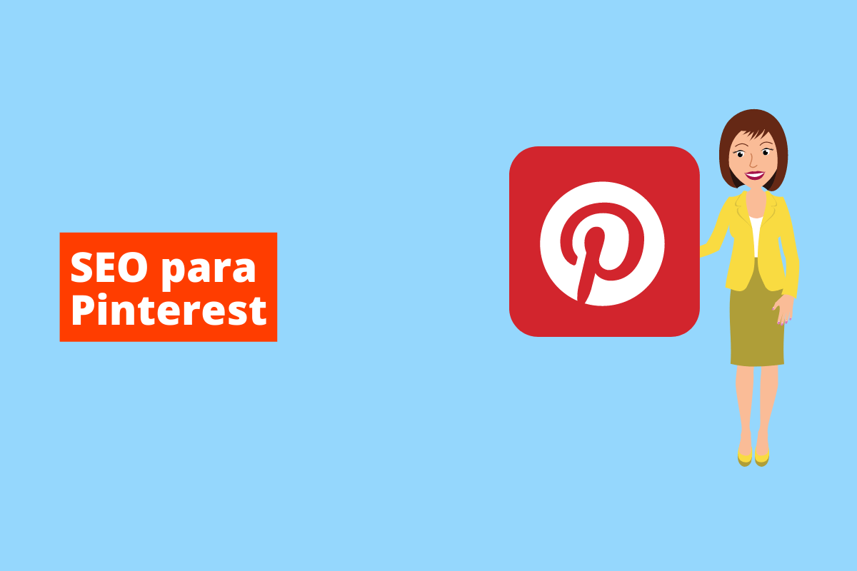 mulher segurando o símbolo do Pinterest. O fundo da imagem é azul e tem-se escrito seo para pinterest