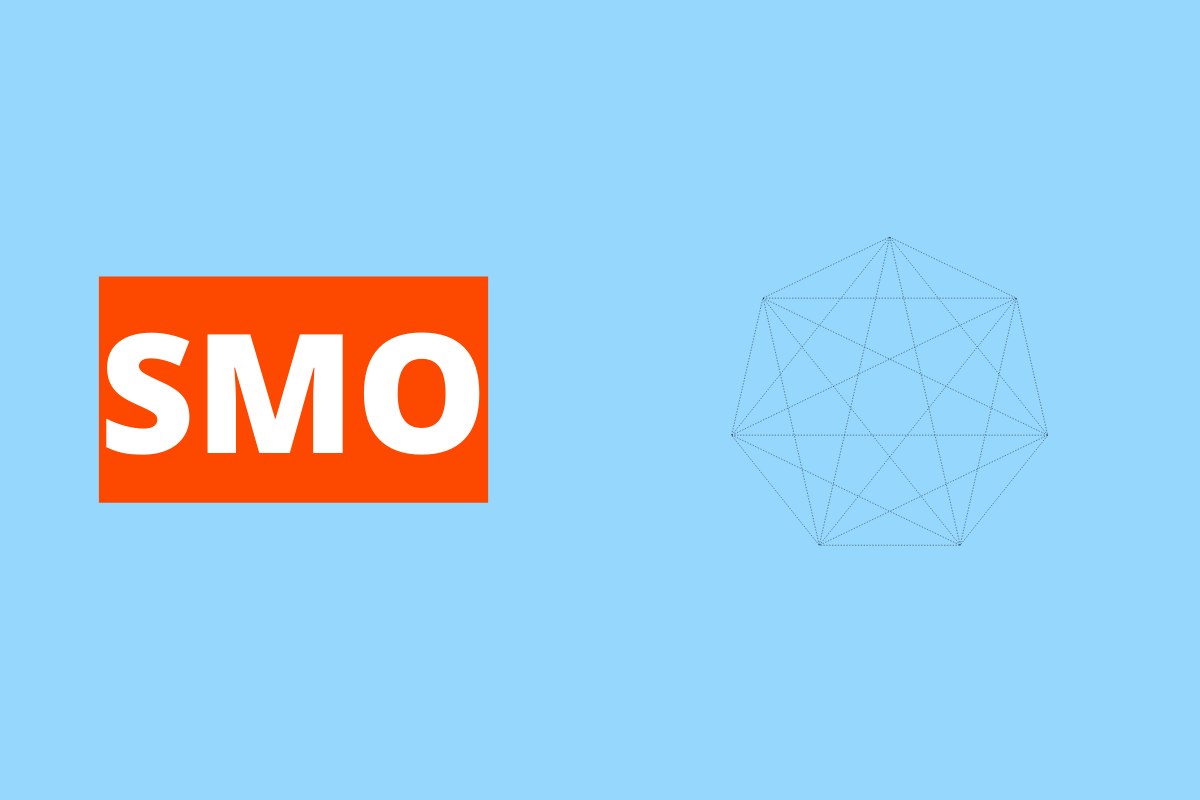 vários pontos se interligando e formando uma figura geométrica. O fundo da imagem é azul e tem-se escrito SMO