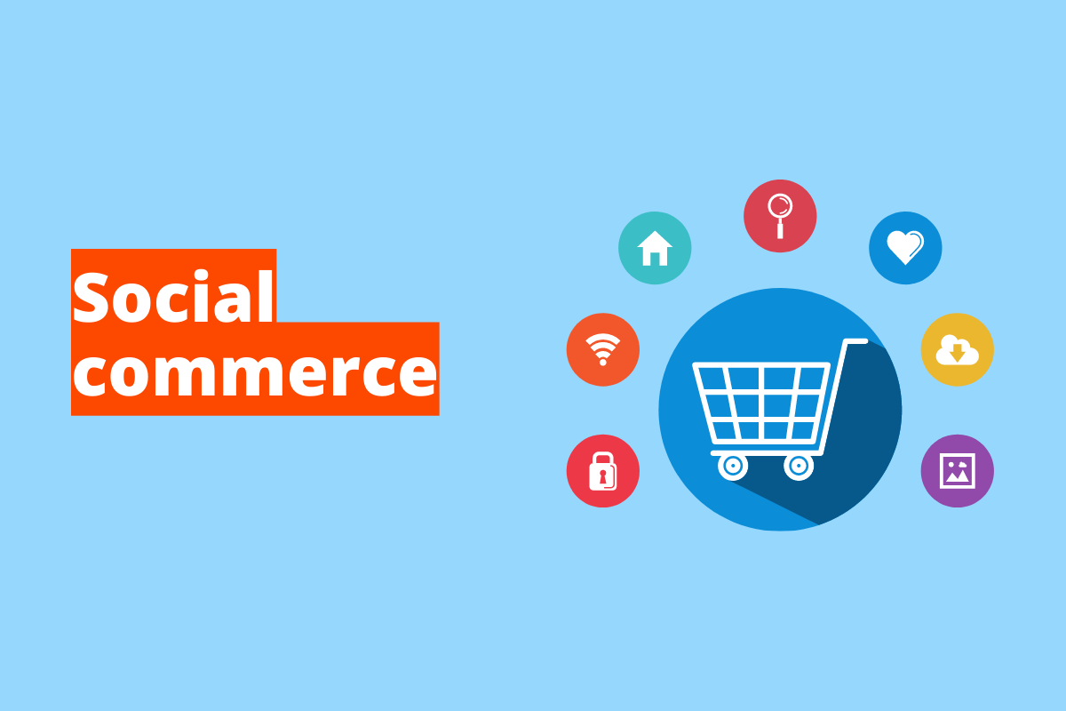 Imagem com o carrinho de compras, apresentando os serviços que podem ser comprados por meio do e-commerce. Fundo da imagem no tom azul e tem - se escrito Social Commerce com letras brancas e fundo laranja.