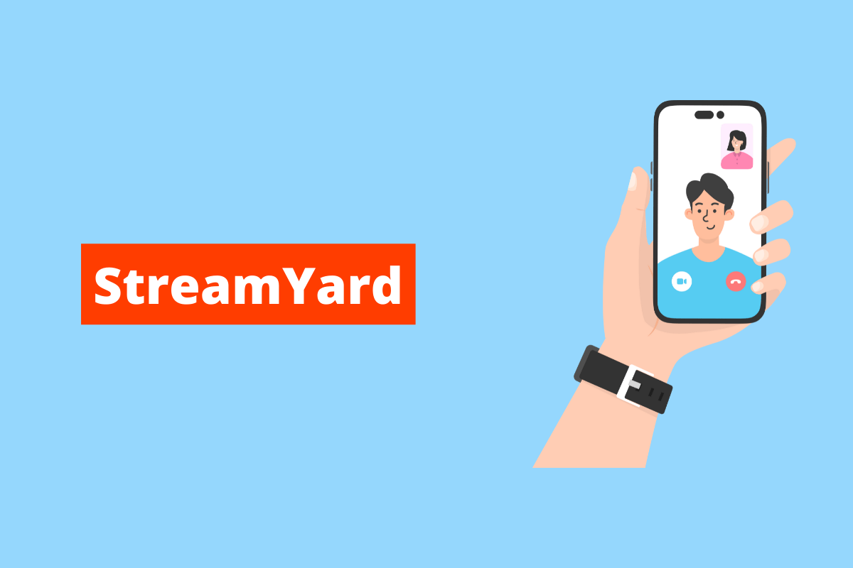 mão segurando um celular. O fundo da imagem é azul e tem-se escrito streamyard